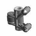 Matte gray metal intake rocker arm with cylindrical pivots and mounting hole for rear motorcycle engine assembly.