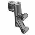 Matte gray metal exhaust rocker arm with cylindrical pivot points and mounting holes.