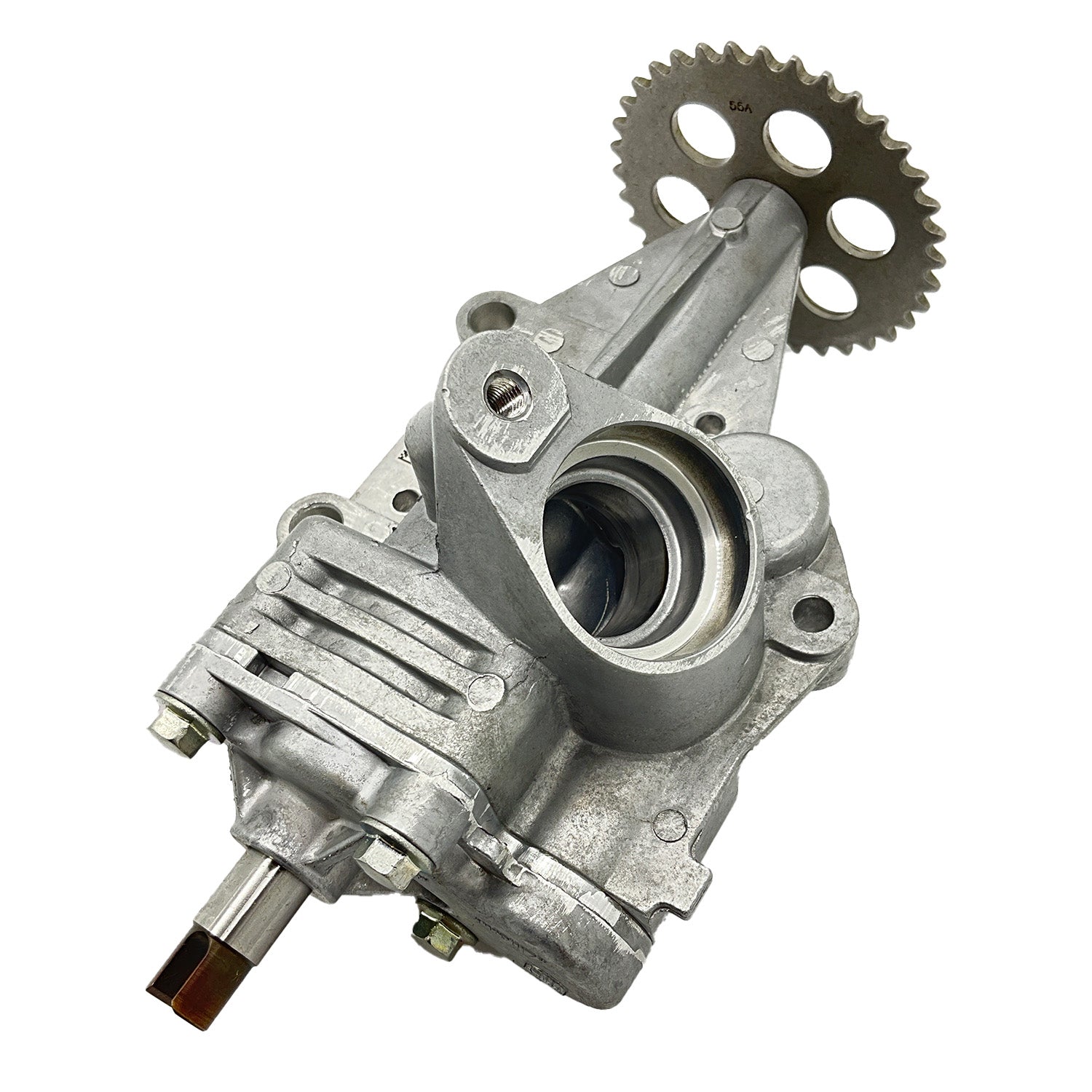 Silver metal oil pump with gear and mounting holes, designed for Polaris UTV models.