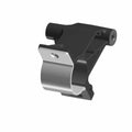 Black and silver metal compressor support bracket with mounting hole and curved clamp section.