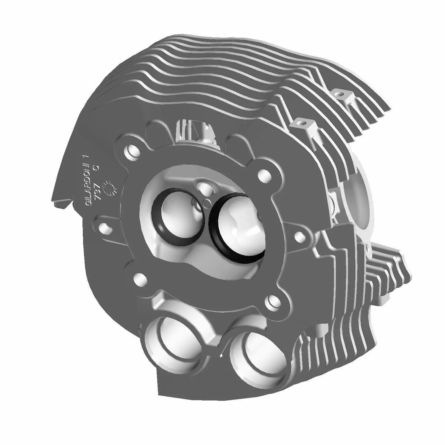 Gray metal front motorcycle head cylinder with cooling fins and dual circular valve openings.