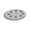 Silver metal sprocket camshaft gear with eight large circular holes and evenly spaced teeth.
