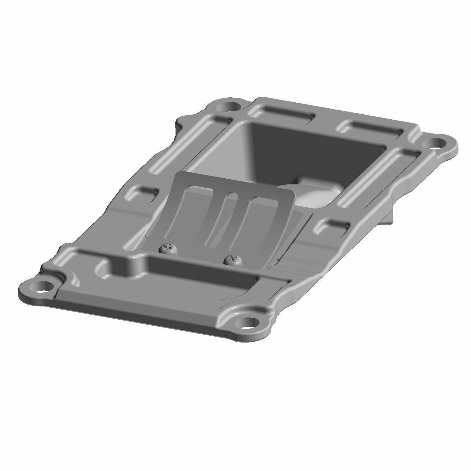 Gray metal reed valve with rectangular shape, mounting holes, and recessed central cavity.