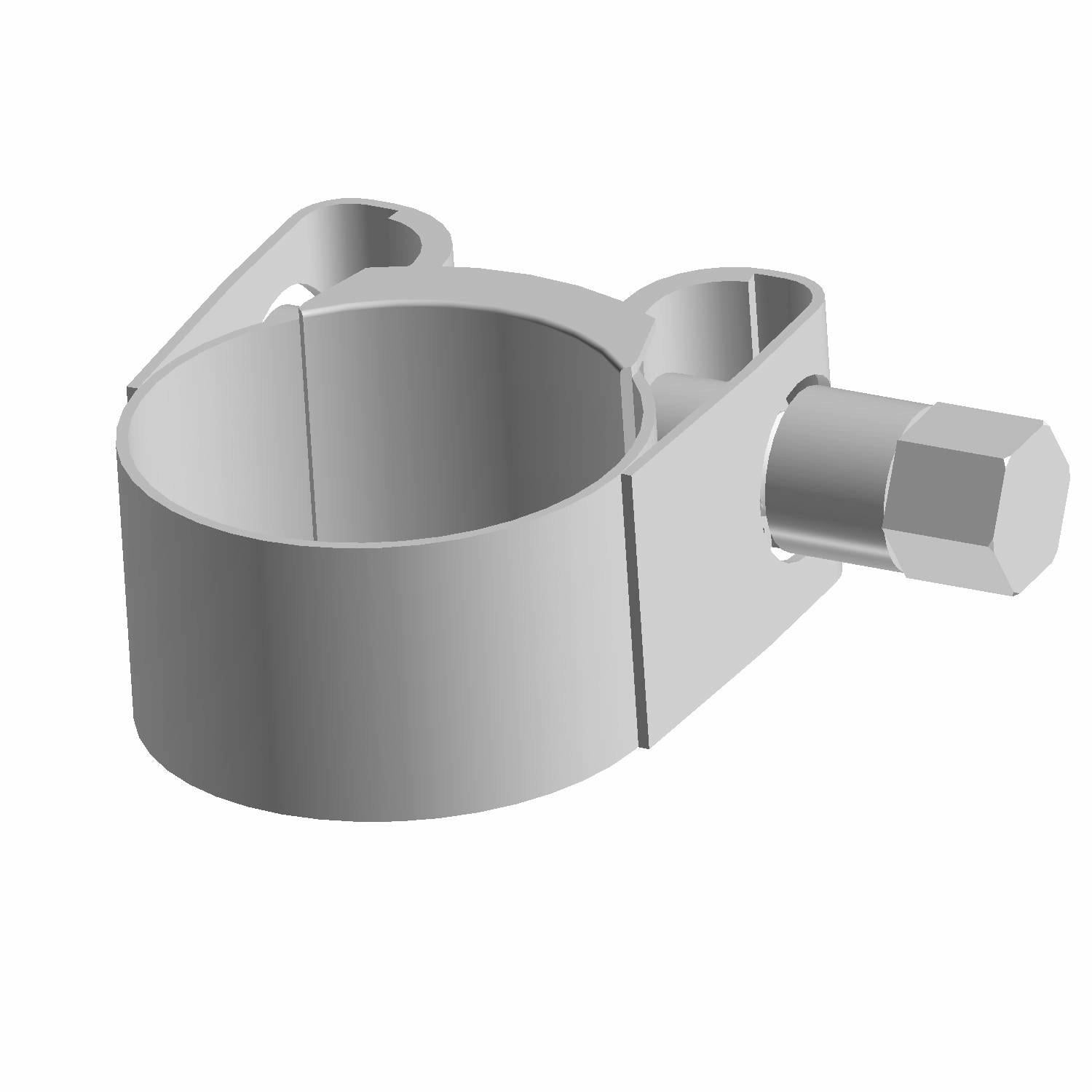 Gray metal hose shield clamp with hex bolt tightening mechanism and split design for secure fastening.