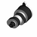 Metal camshaft component with cylindrical lobes, black and silver finish, mounting hole on top.