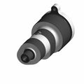 Metal camshaft with black and silver cylindrical sections and a mounting flange on one end.