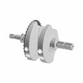 Metal crankshaft with gear teeth and splined shafts on both ends, designed for motorcycles.