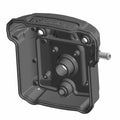 Matte black metal rear valve cover for Indian TNM motorcycle with embossed logo and mounting points.
