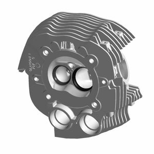 Black metal front head cylinder with cooling fins and circular openings for valves.