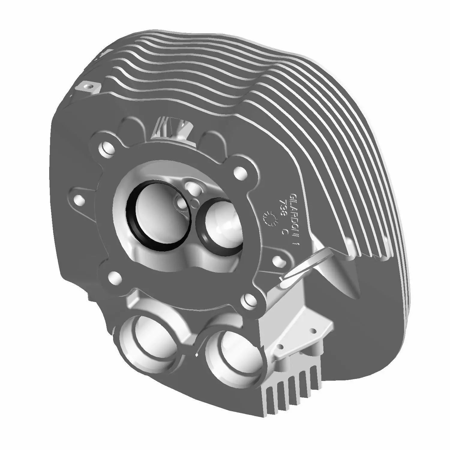 Black rear motorcycle head cylinder with cooling fins and circular valve openings.