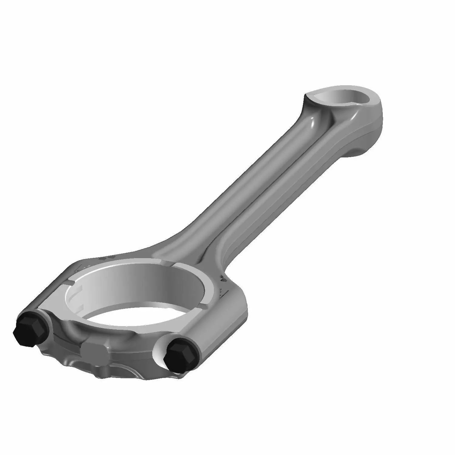 Silver metallic connecting rod with rounded ends and two black bolts at the larger circular end.