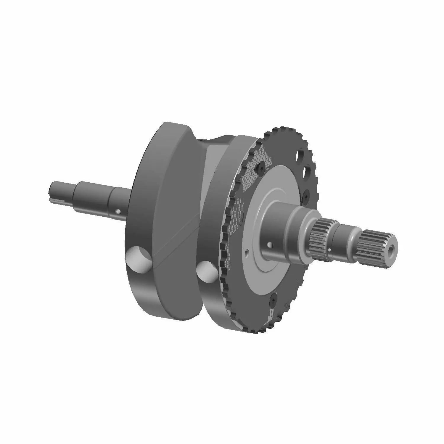 Gray metal crankshaft with gear teeth and splined shaft sections for motorcycles.