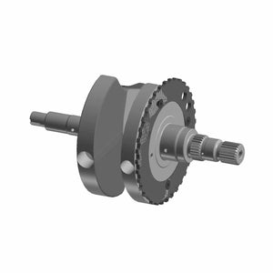 Gray metal crankshaft with integrated gear and splined shaft ends, industrial design.