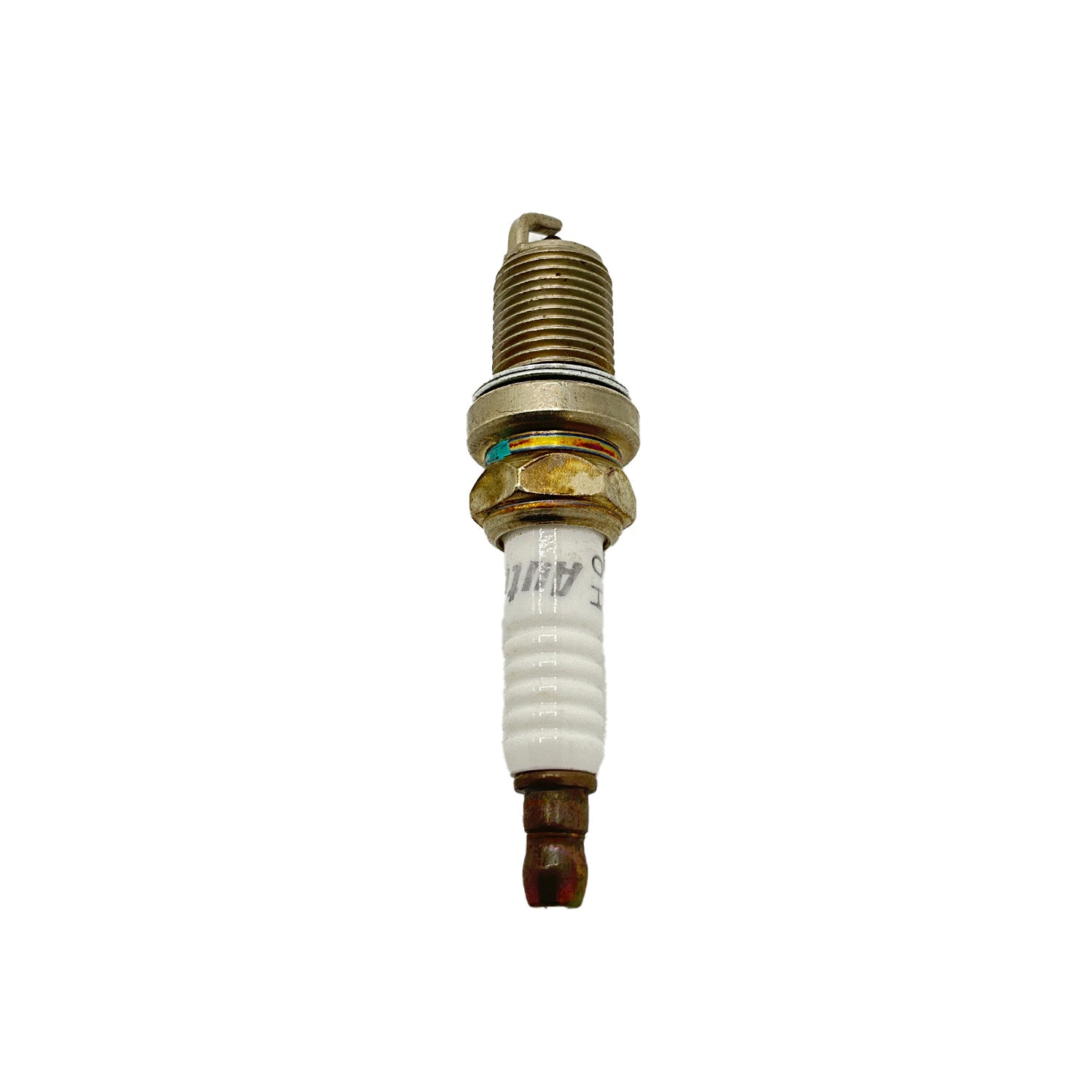14mm spark plug with metal threaded body, white ceramic insulator, and copper electrode tip.