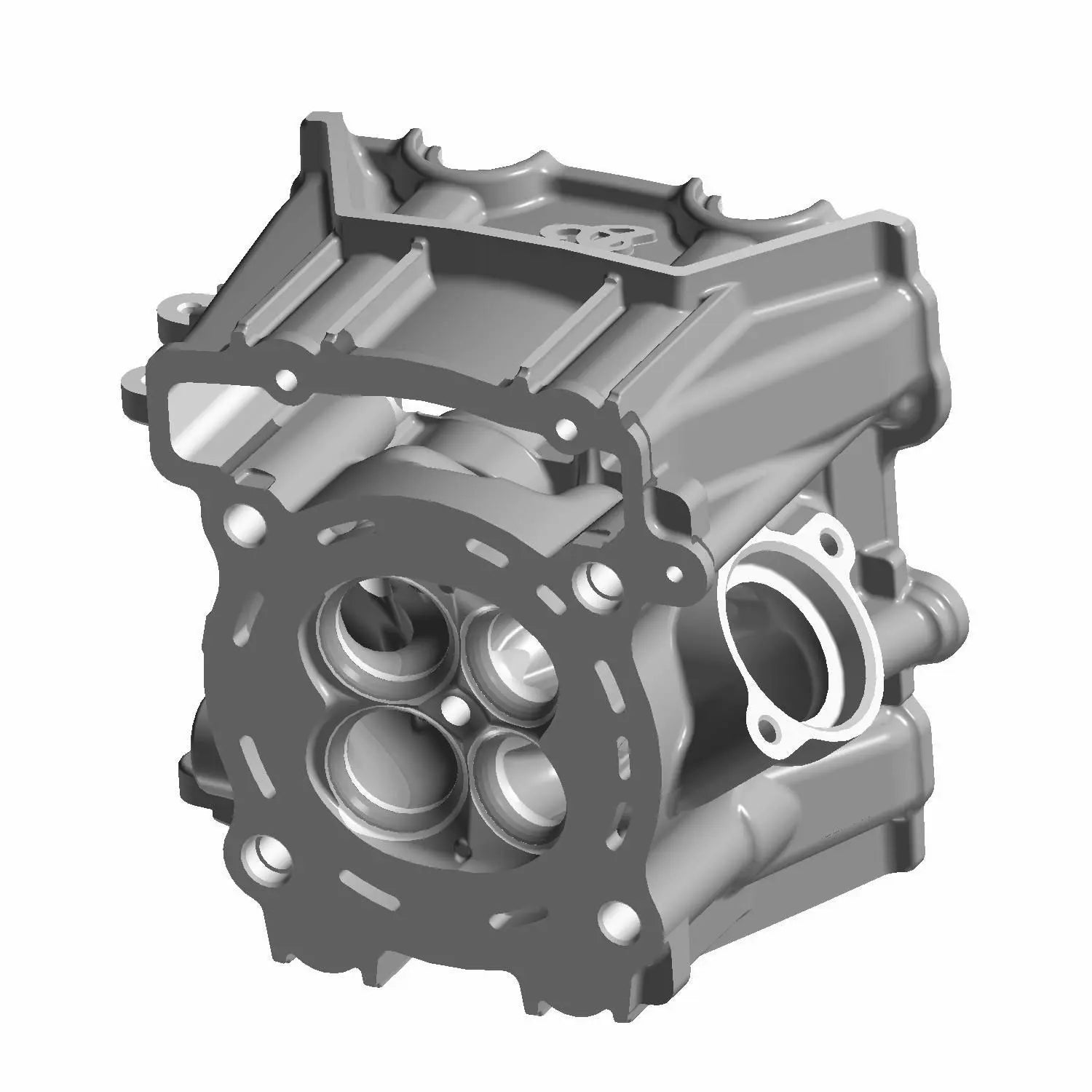 Gray metal front machined motorcycle engine head cylinder with four valve ports and mounting holes.