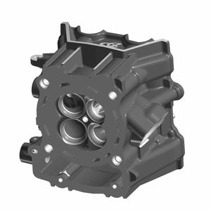 Black rear head cylinder with multiple circular valve openings and reinforced metal casting.