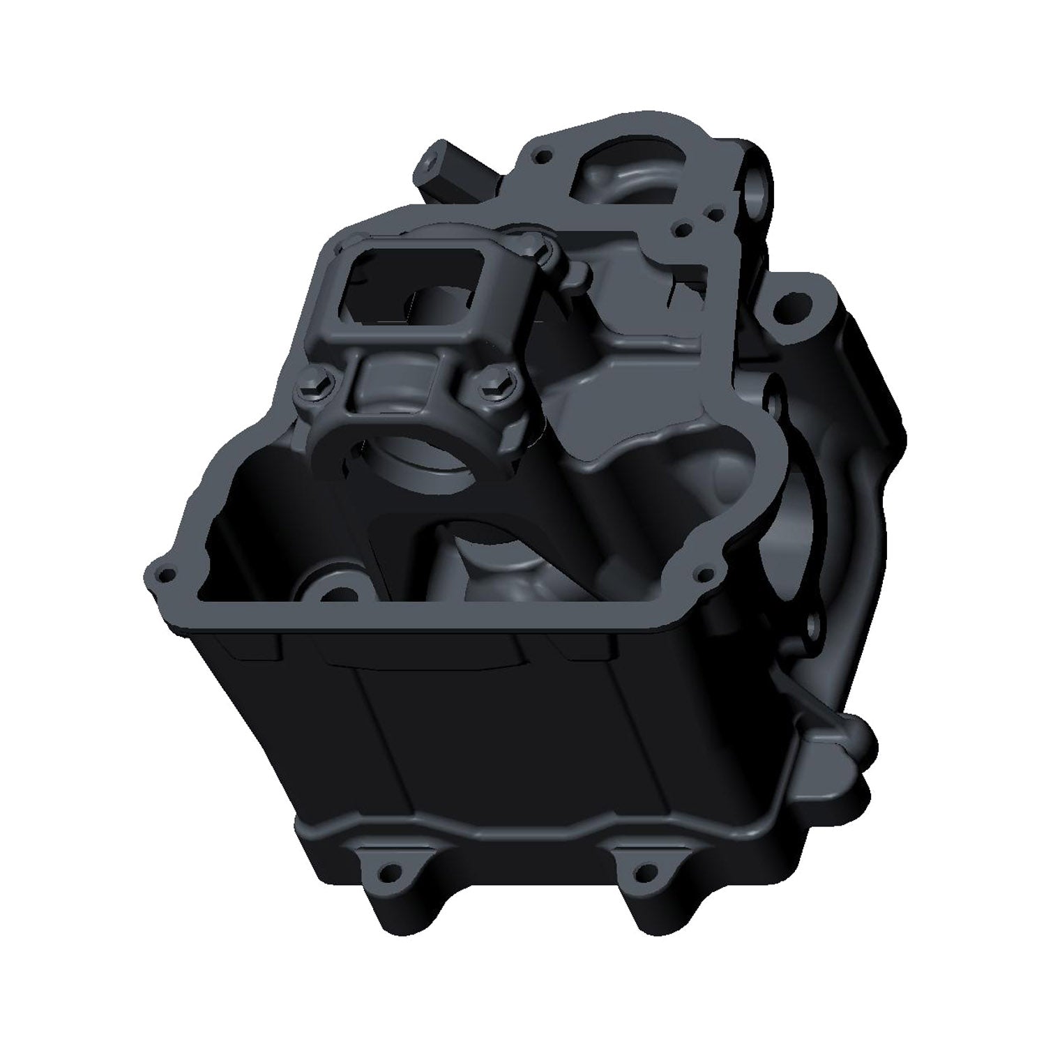 Matte black metal Polaris cylinder head with multiple mounting points and complex geometric shapes.