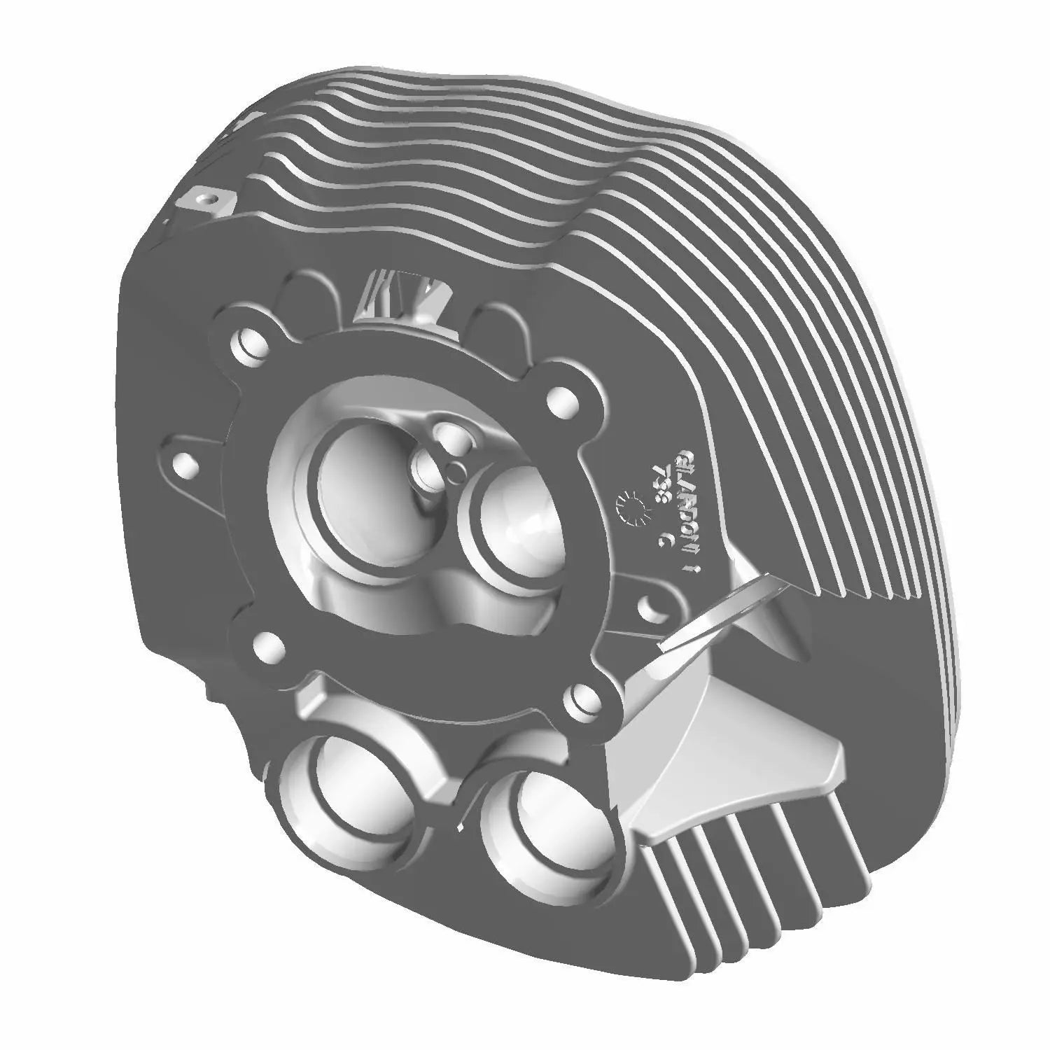 Machined aluminum rear head cylinder with cooling fins and dual valve ports for Polaris motorcycles.