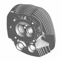Machined aluminum rear head cylinder with cooling fins and dual valve ports for Polaris motorcycles.
