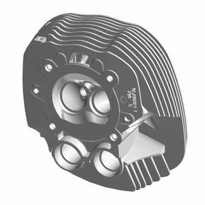 Machined aluminum rear head cylinder with cooling fins and dual valve ports for Polaris motorcycles.