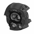 Black machined motorcycle front head cylinder with cooling fins and multiple valve ports.