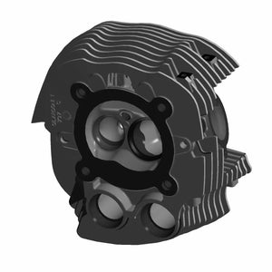 Black machined motorcycle front head cylinder with cooling fins and multiple valve ports.