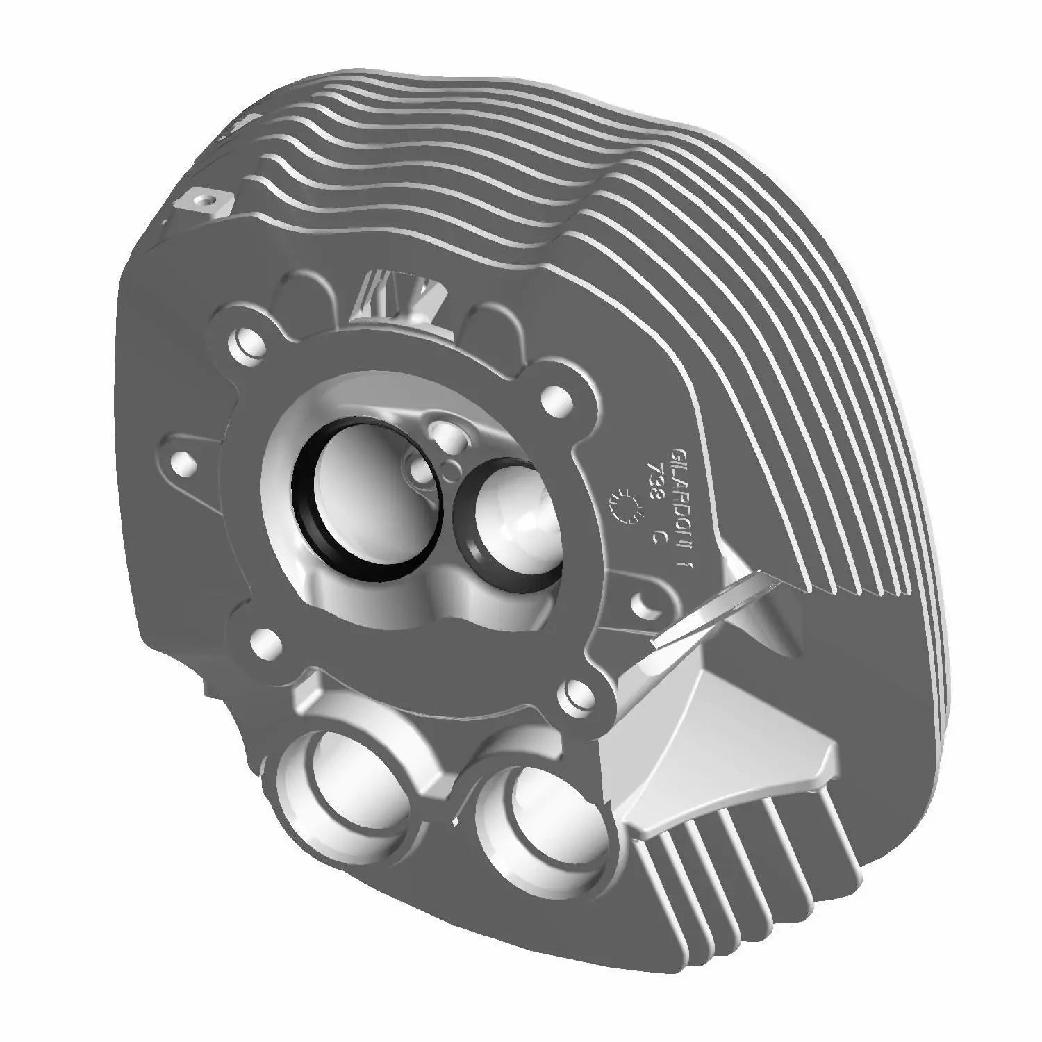 Gray machined aluminum motorcycle head cylinder with cooling fins and two circular valves.