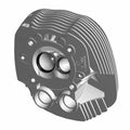 Gray machined aluminum motorcycle head cylinder with cooling fins and two circular valves.