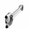 Silver metal connecting rod with two circular ends, one end secured by two black bolts.