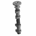 Gray metal exhaust camshaft with lobed cylindrical design and smooth machining details.