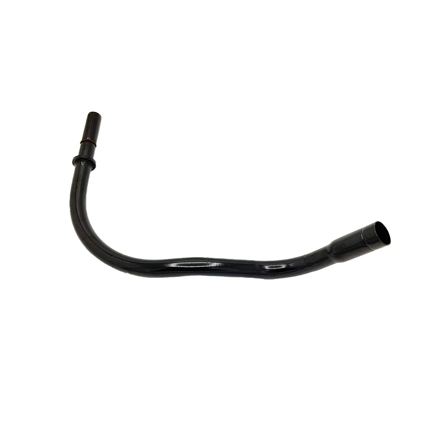 Black curved plastic oil fill tube with molded end connectors for Polaris UTV.