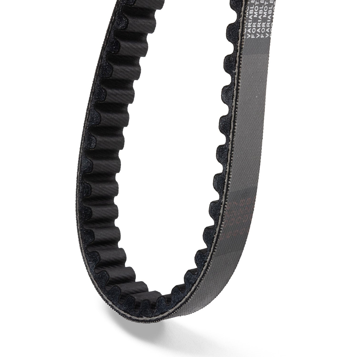 Black rubber UTV/ATV drive belt with evenly spaced teeth on the inner surface.