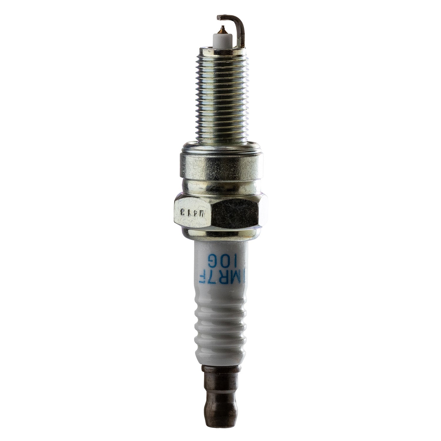 Silver metal and white ceramic 10mm iridium spark plug with threaded body and electrode tip.