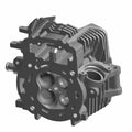 Machined metal motorcycle head cylinder with cooling fins and circular valve openings.