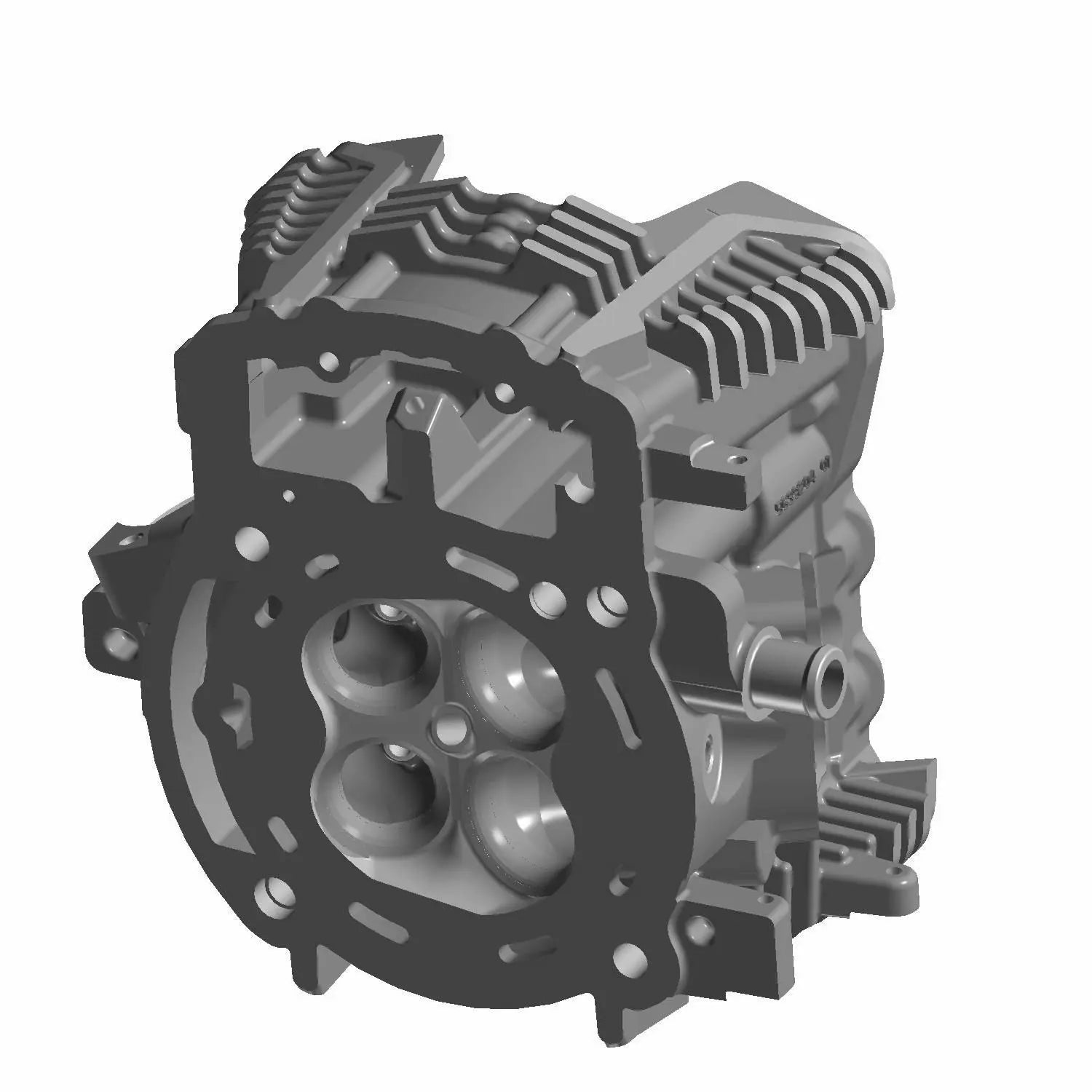 Gray aluminum machined rear head cylinder with multiple cooling fins and valve openings.