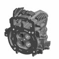 Gray aluminum machined rear head cylinder with multiple cooling fins and valve openings.