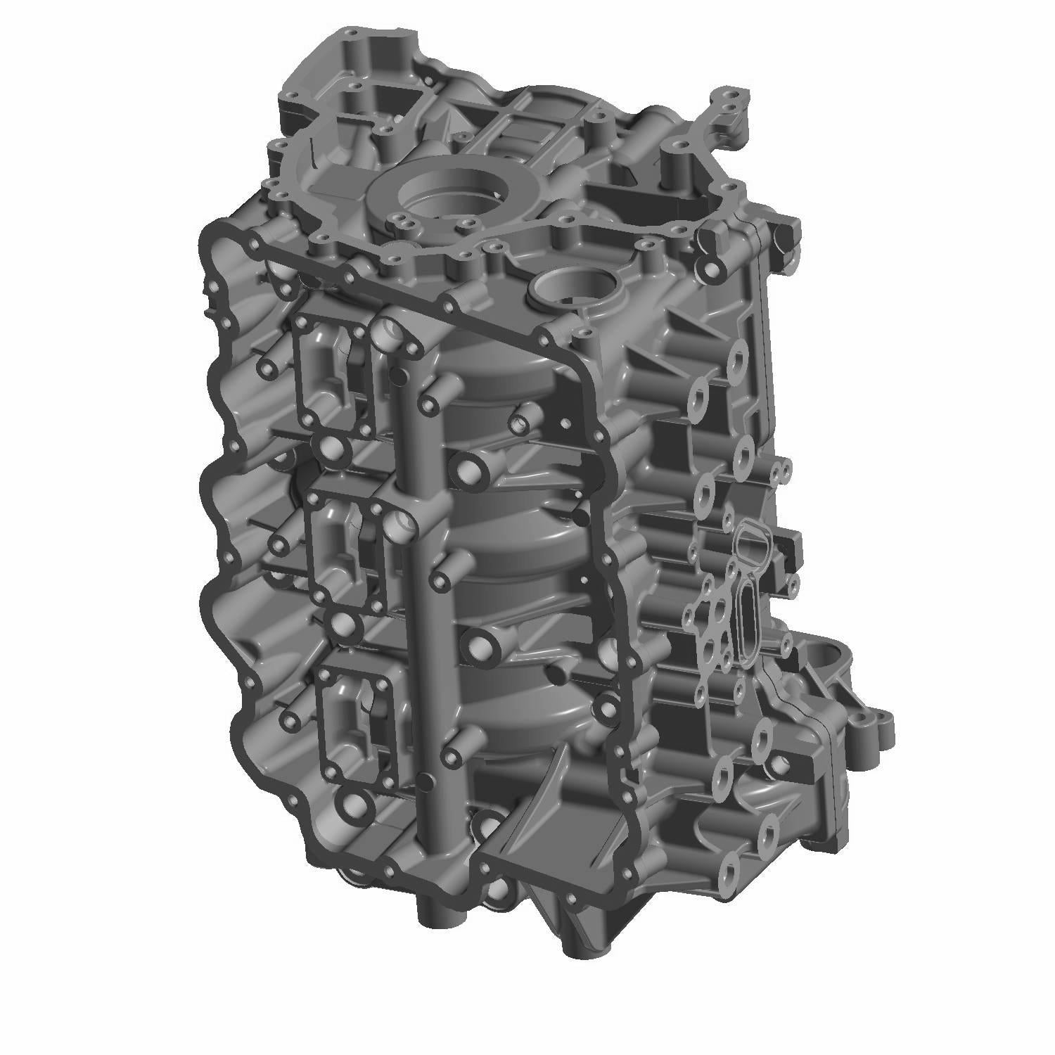 Gray metal crankcase with multiple cylindrical chambers and bolt holes for Polaris UTV engine assembly.