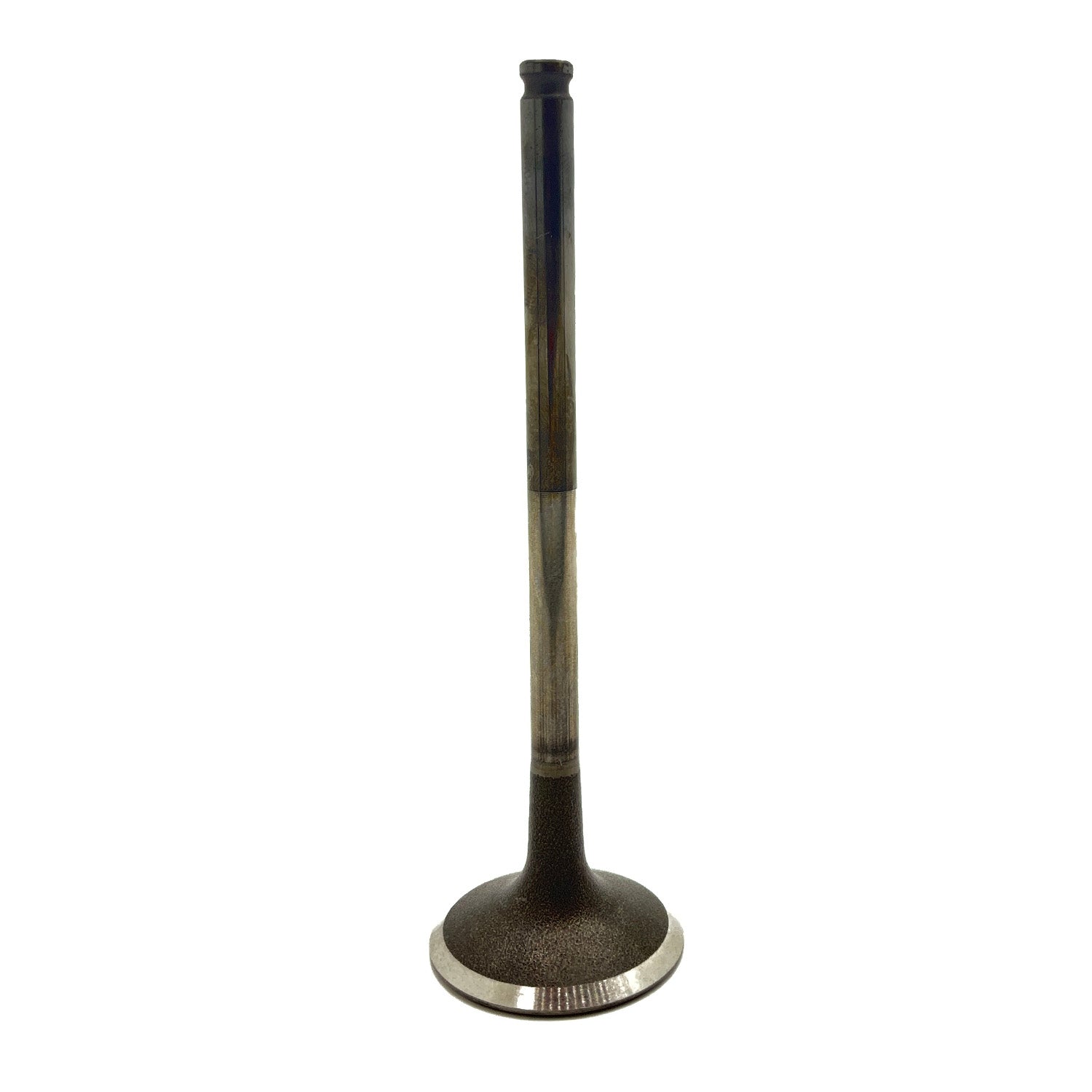 Metal exhaust valve with a long stem and circular, flat head designed for engine use.