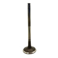 Metal exhaust valve with a long stem and circular, flat head designed for engine use.