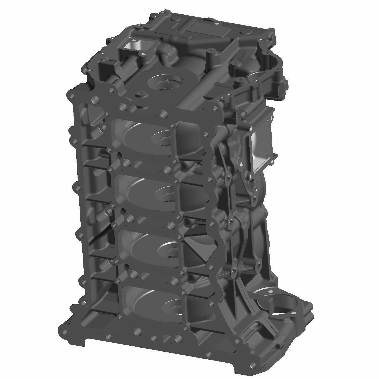Dark gray metal machined engine block with multiple bolt holes and structural reinforcements.