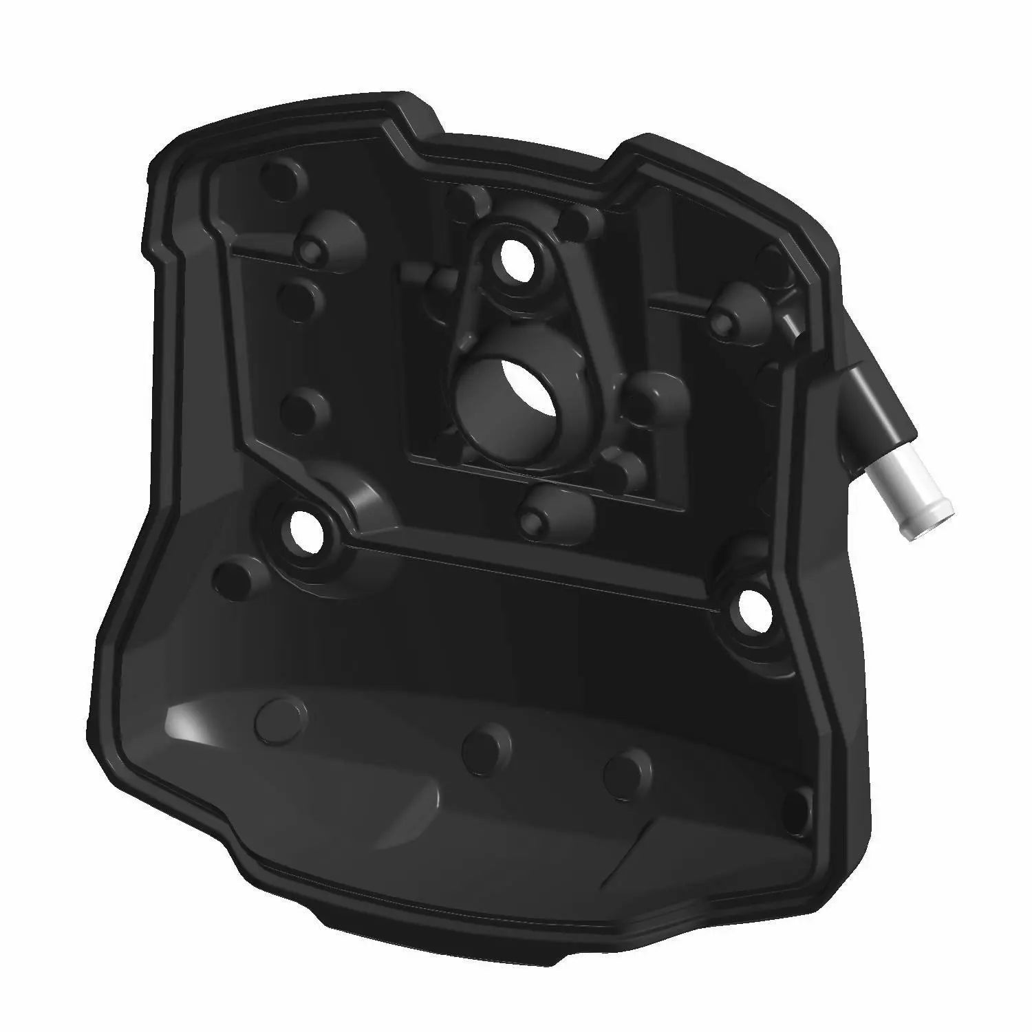 Black molded plastic valve cover with multiple mounting holes and a central opening, designed for motorcycle engines.