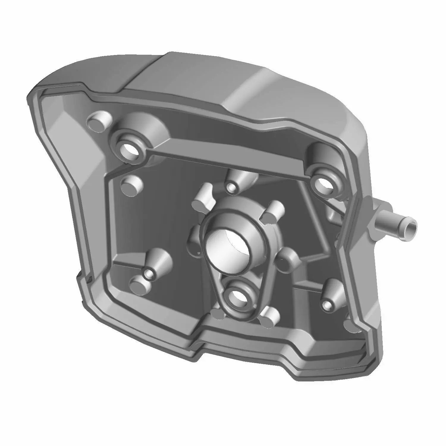 Gray metal rear valve cover with multiple bolt holes and a central circular protrusion for Polaris motorcycle engine.