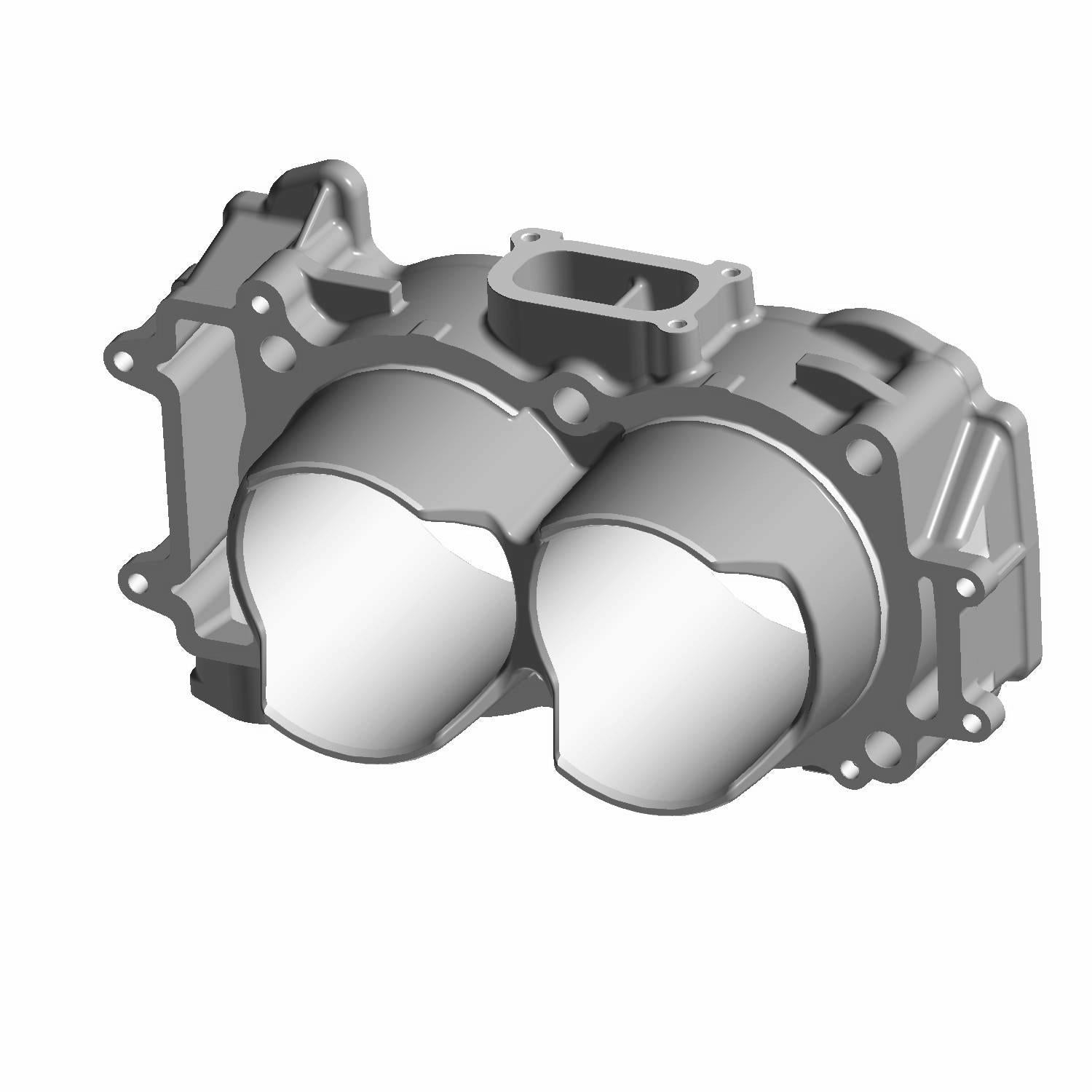 Gray metal cylinder head with two rounded chambers and mounting flanges, designed for off-road vehicle engine.