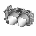 Gray metal cylinder head with two rounded chambers and mounting flanges, designed for off-road vehicle engine.
