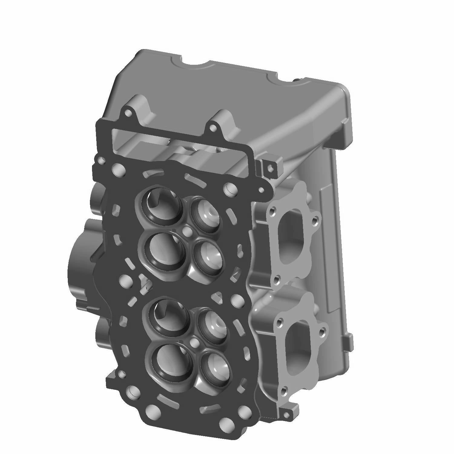 Gray metal cylinder head with multiple circular ports and mounting holes, designed for Polaris engines.