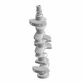 Silver machined crankshaft with multiple bearing surfaces and offset journals for engine assembly.