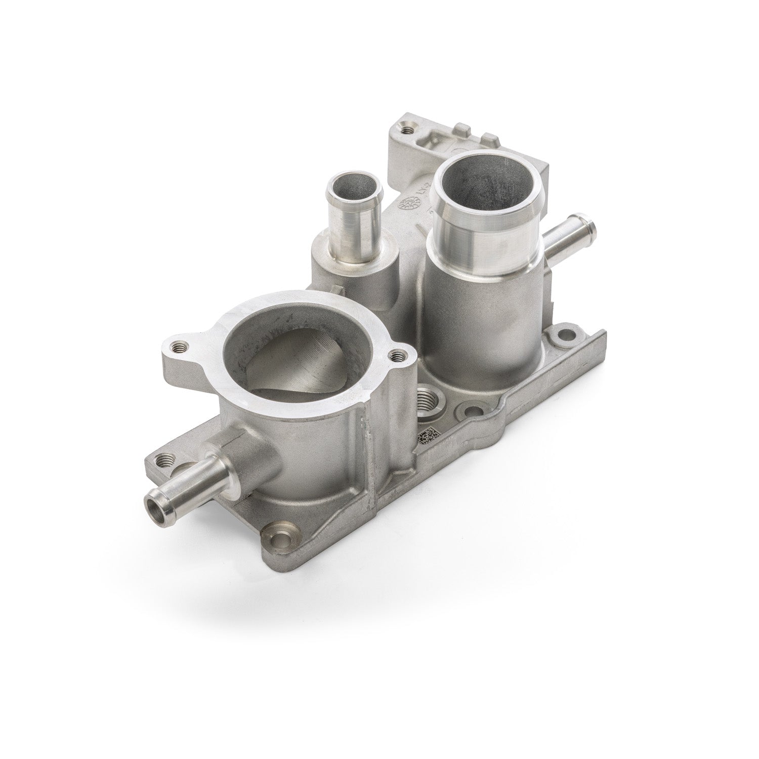 Silver metal thermostat housing with multiple cylindrical openings and mounting points.