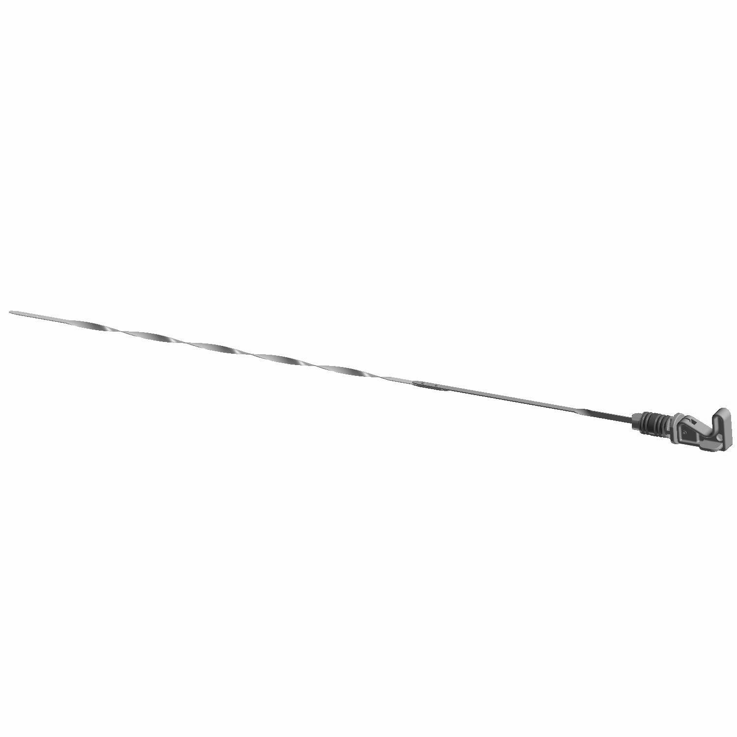 Long, slender metal dipstick with a twisted center and a dark plastic handle on one end.