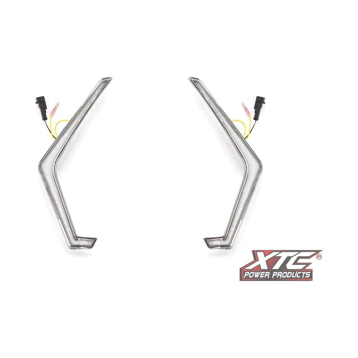Two Front Turn Fang Light Pol LED strips by XTC Power are arranged symmetrically on a white background, complete with wiring and connectors. The XTC Power Products logo appears in the bottom right corner.