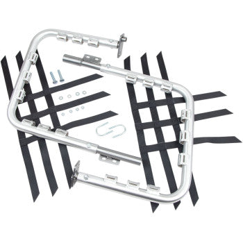 The Nerf Bars Honda TRX Natural Black by Dg Performance, featuring a silver aluminum frame, black webbing straps, screws, washers, U-bolts, and steel mounting brackets—perfect for your next nerf bar setup—on a white background.